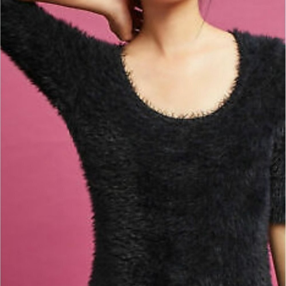 Monk & Lou Black  Eyelash Knit fuzzy soft sweater scoop or V neck 3/4 sleeve XS - Picture 10 of 15